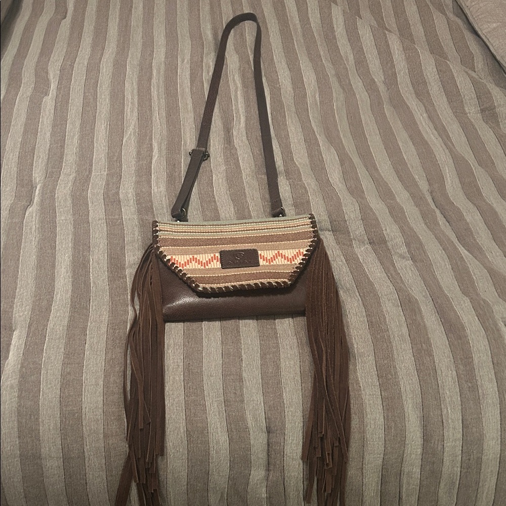 Ariat Fringed Brown Leather Crossbody Bag with Woven Accent